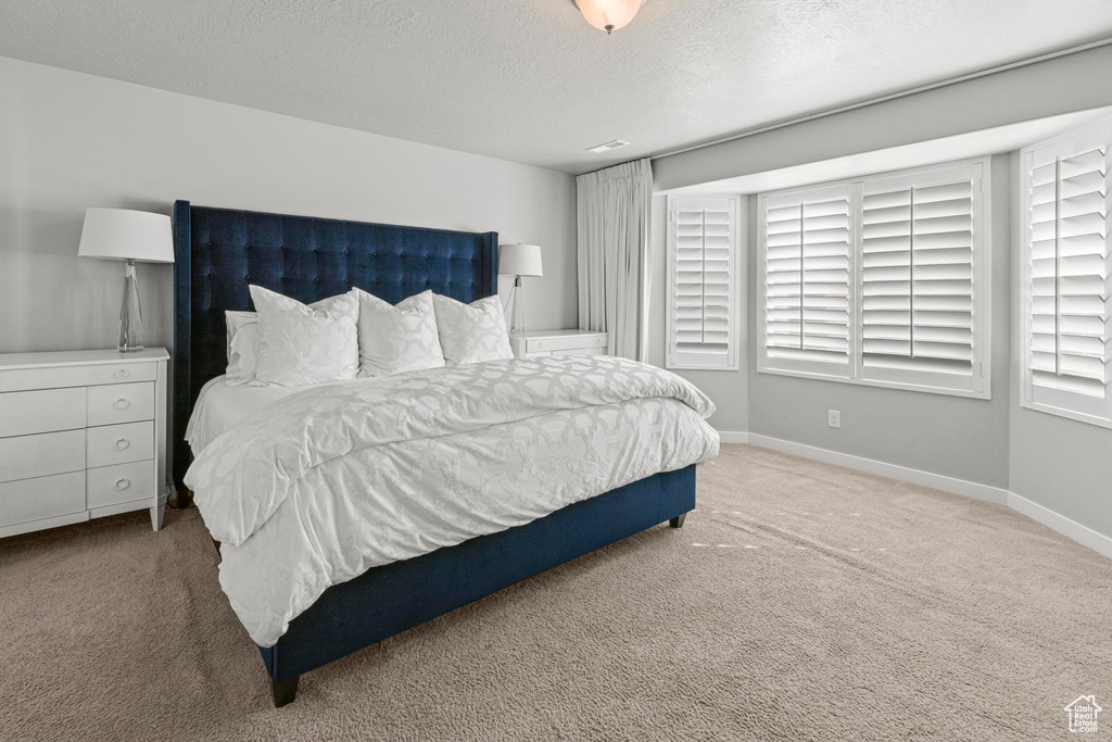 Carpeted bedroom with a textured ceiling and baseboards