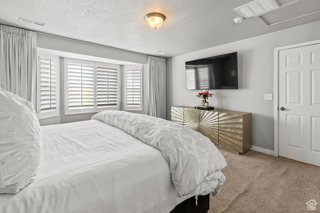 Carpeted bedroom with a textured ceiling and baseboards