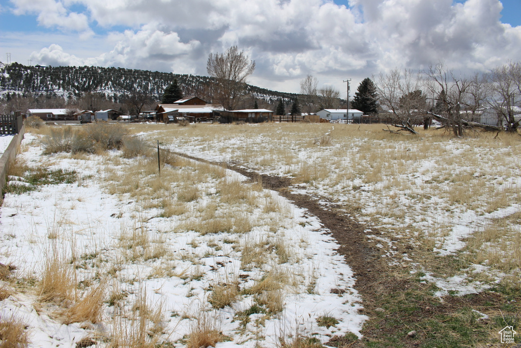 View of yard covered in snow