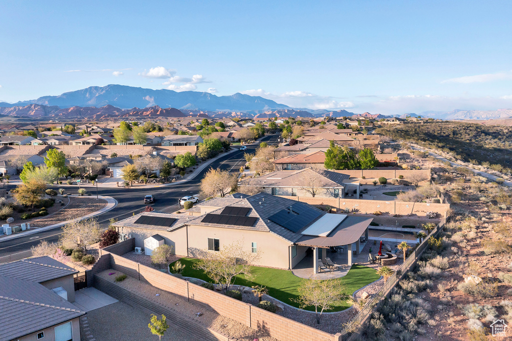 Drone / aerial view with a mountain view and a residential view