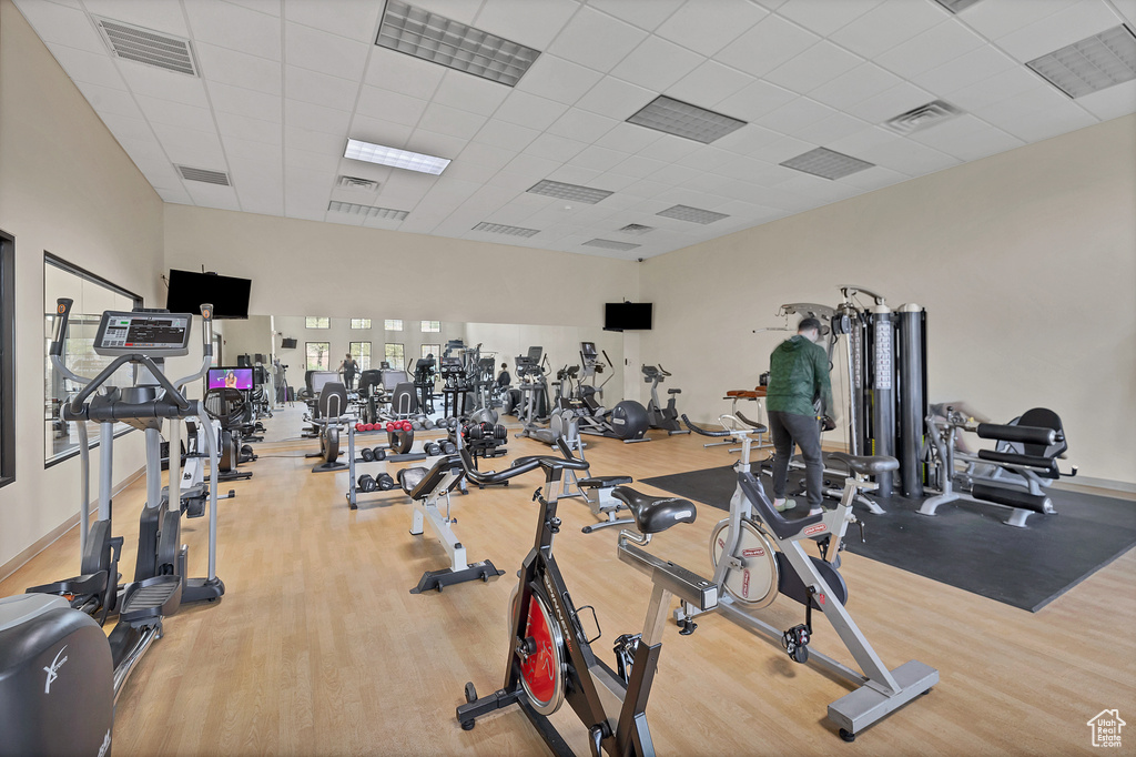 Gym with visible vents, a drop ceiling, and wood finished floors
