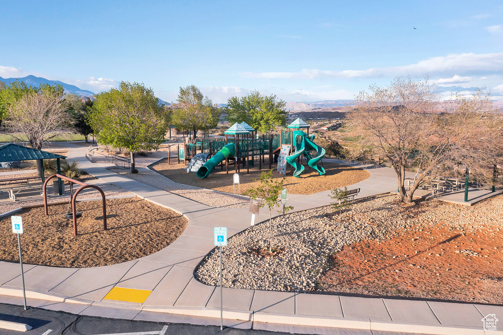 Communal playground with a mountain view