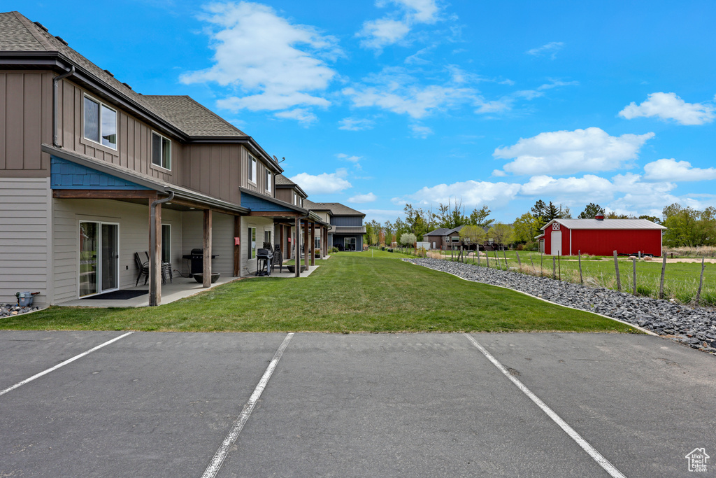 Uncovered parking lot with a residential view