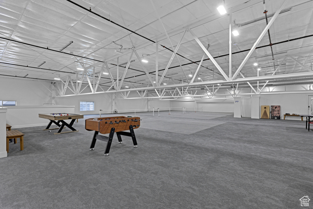 Recreation room with baseboards and carpet flooring