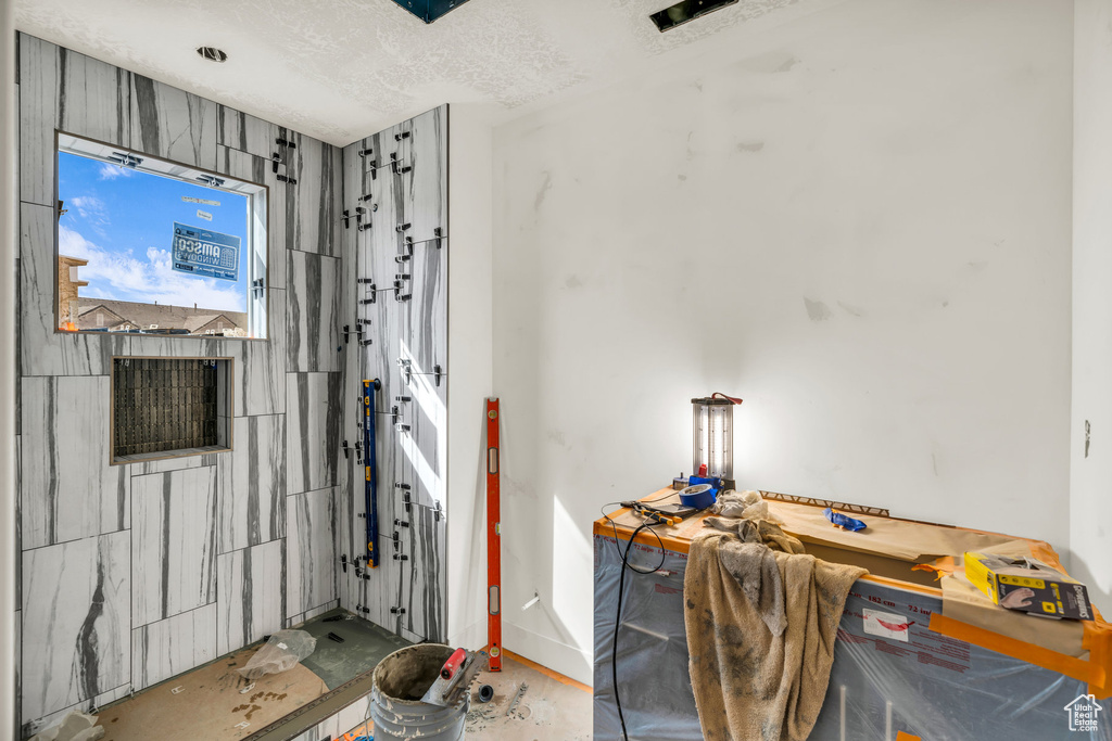 Interior space with a textured ceiling