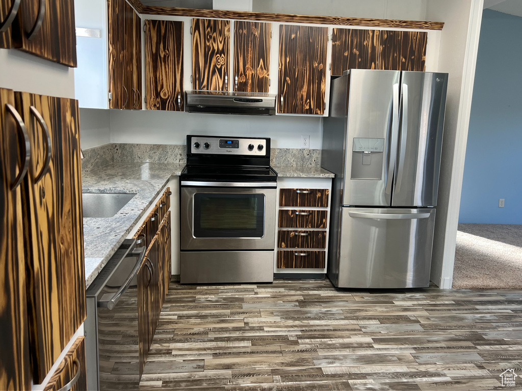 Kitchen featuring dark brown cabinetry, under cabinet range hood, wood finished floors, and stainless steel appliances