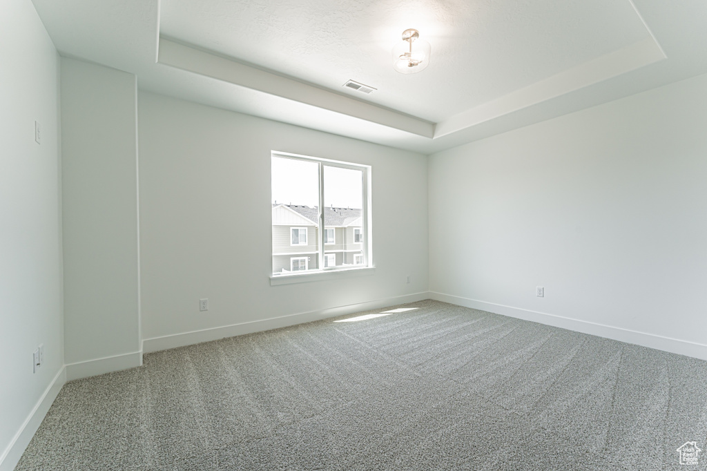 Unfurnished room featuring carpet flooring and a tray ceiling