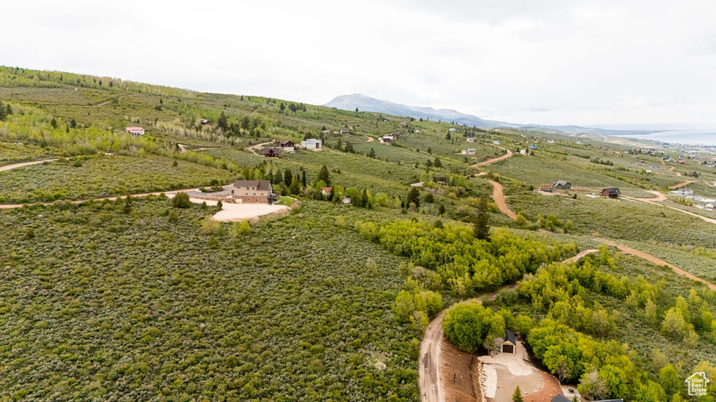 Overview of rural landscape with a mountain backdrop