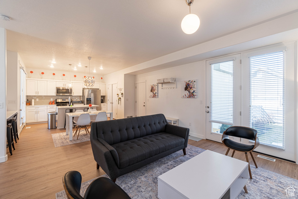 Living room featuring visible vents and light wood-style flooring