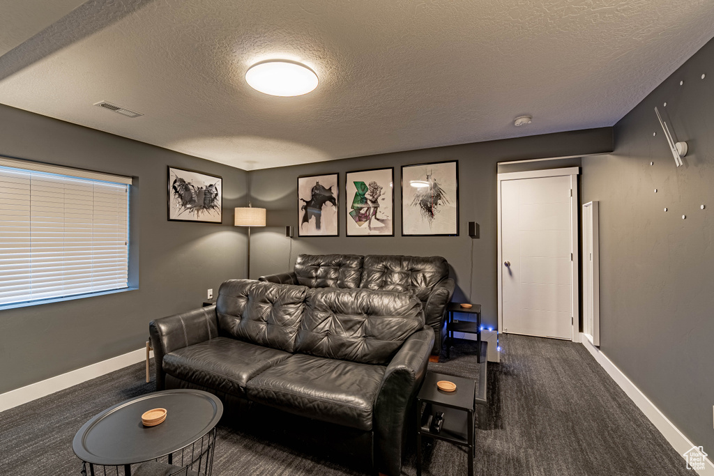Bedroom with dark carpet, a textured ceiling, baseboards, and visible vents