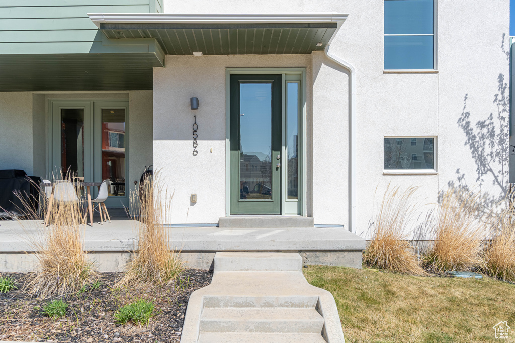 Doorway to property featuring stucco siding