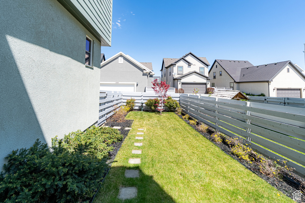 View of yard with a fenced backyard and a residential view