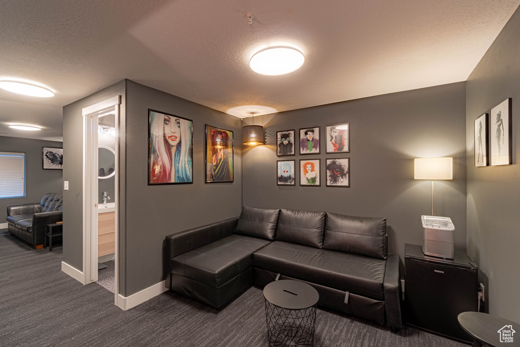 Living room with baseboards, carpet, and a textured ceiling