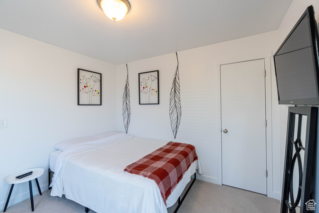 Bedroom with baseboards and light colored carpet