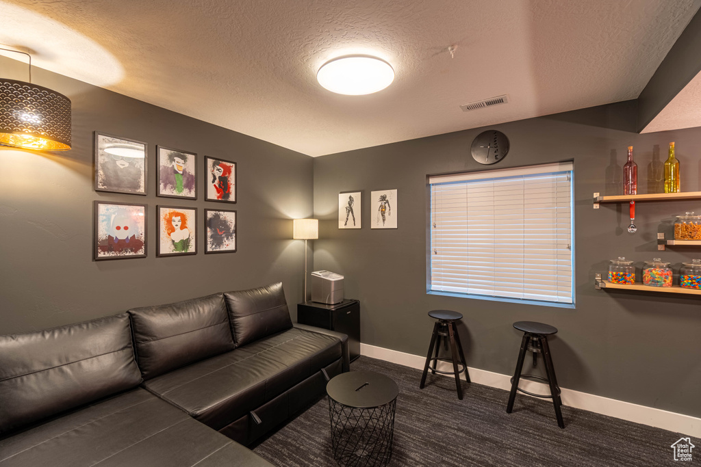 Carpeted living room with visible vents, baseboards, and a textured ceiling