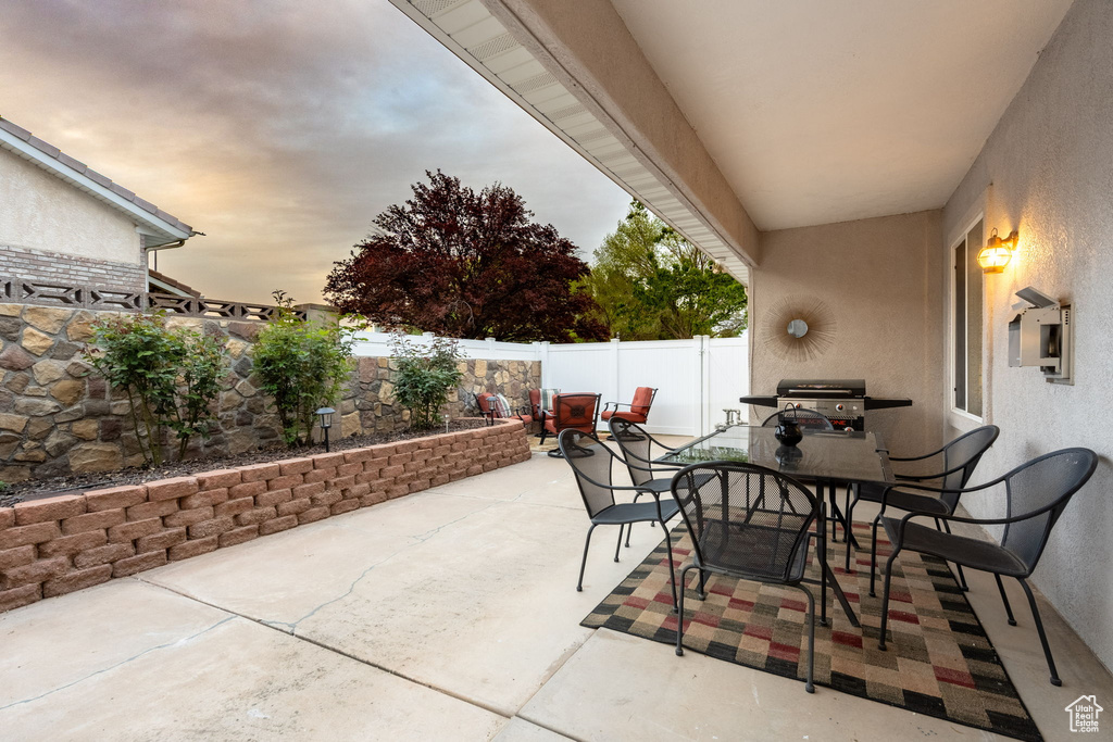 View of patio / terrace with a fenced backyard, outdoor dining area, and area for grilling