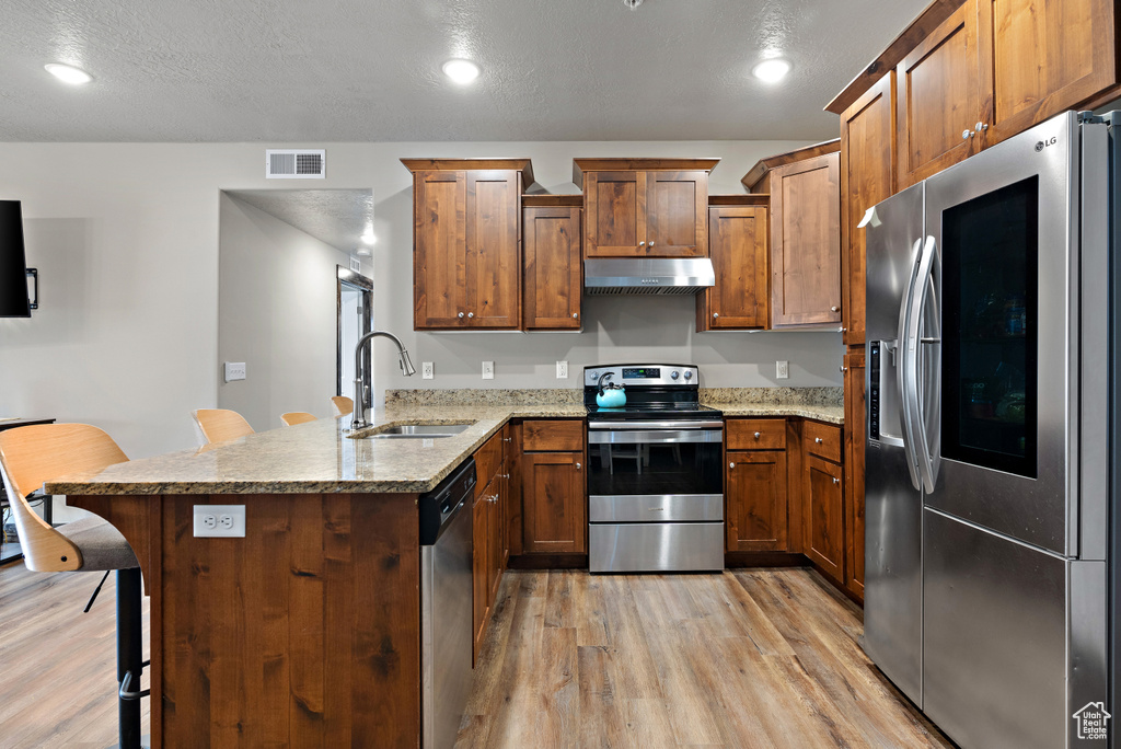 Kitchen with light wood-type flooring, a peninsula, under cabinet range hood, stainless steel appliances, and a sink