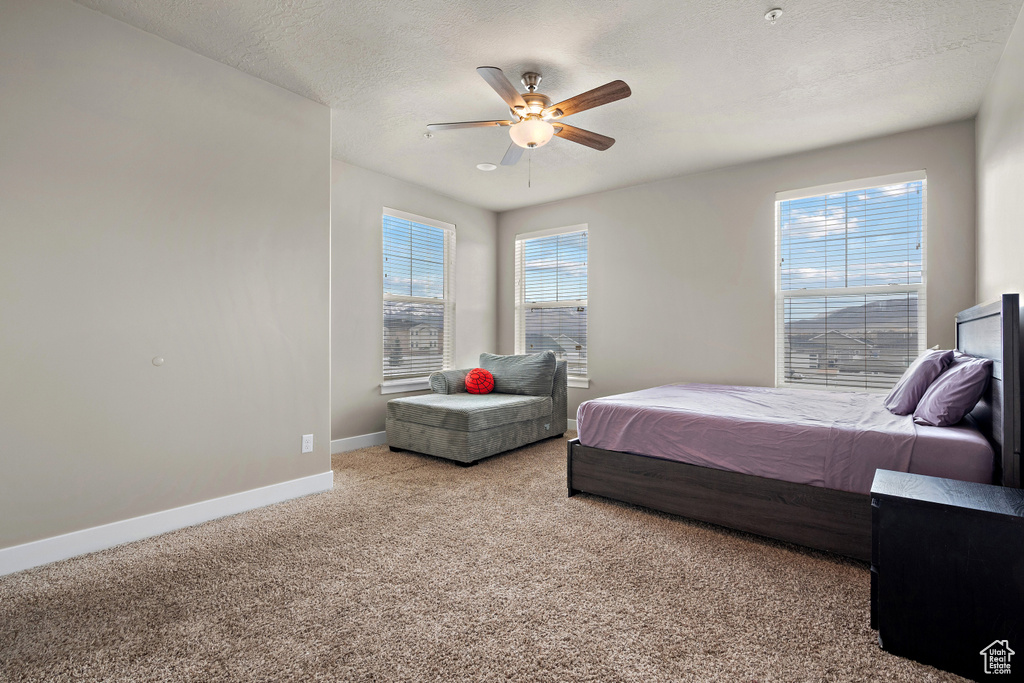 Carpeted bedroom with a textured ceiling, baseboards, and a ceiling fan