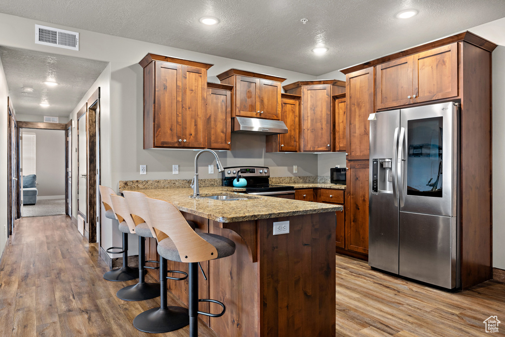 Kitchen featuring a peninsula, visible vents, under cabinet range hood, a sink, and stainless steel appliances