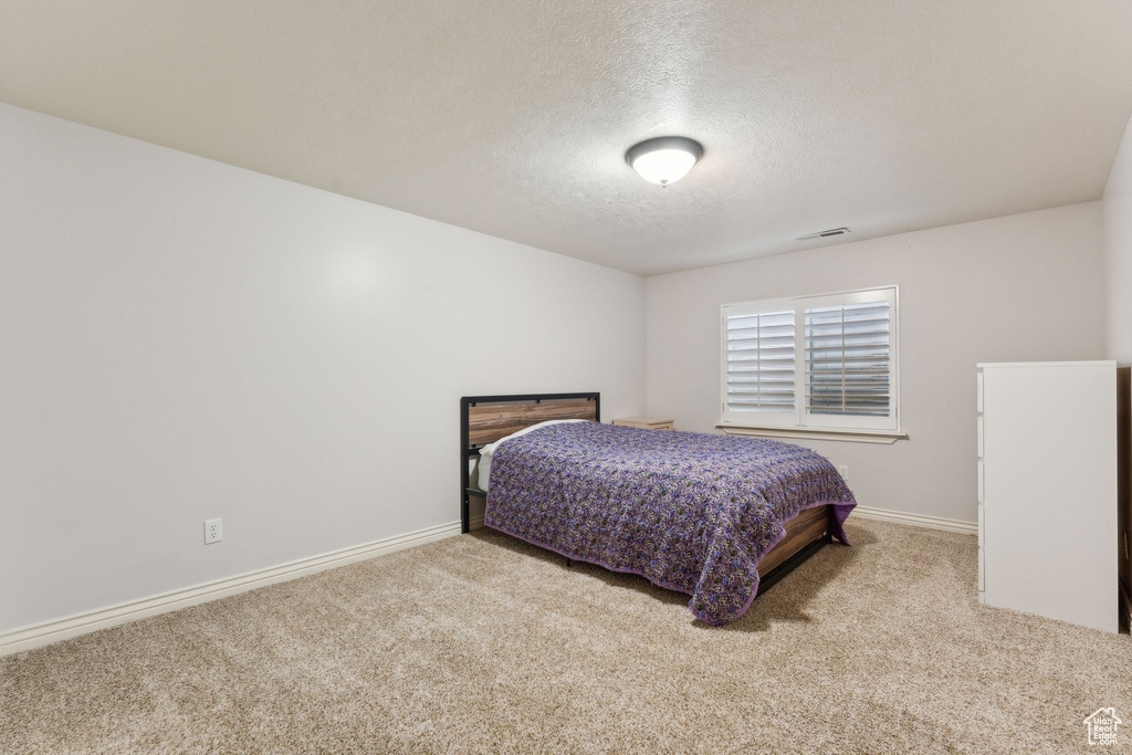 Bedroom featuring carpet floors, baseboards, visible vents, and a textured ceiling