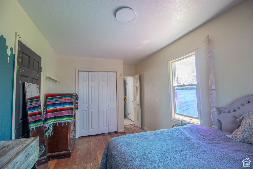Bedroom with wood finished floors and a closet