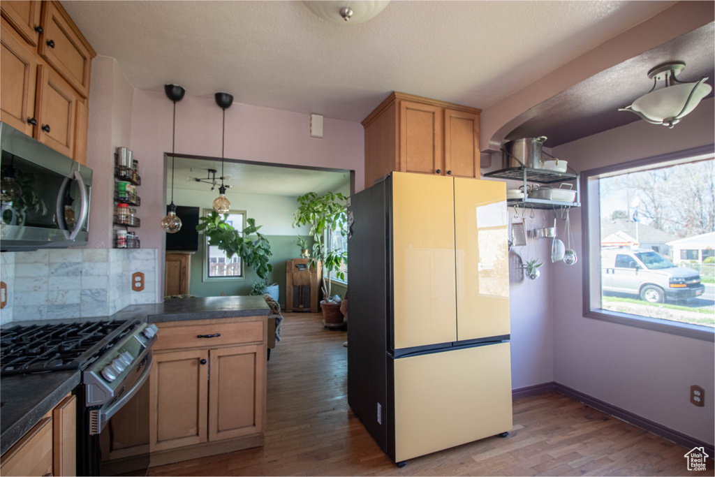 Kitchen featuring tasteful backsplash, light wood-type flooring, dark countertops, and stainless steel appliances