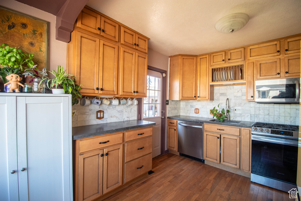 Kitchen with a sink, dark wood finished floors, dark countertops, and stainless steel appliances
