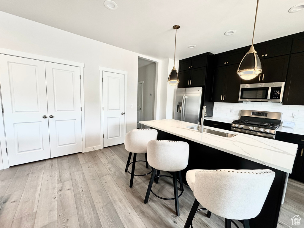 Kitchen featuring stainless steel appliances, dark cabinetry, a sink, light wood finished floors, and decorative backsplash