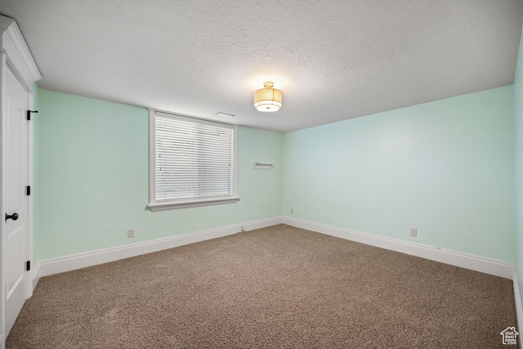 Empty room with carpet and a textured ceiling