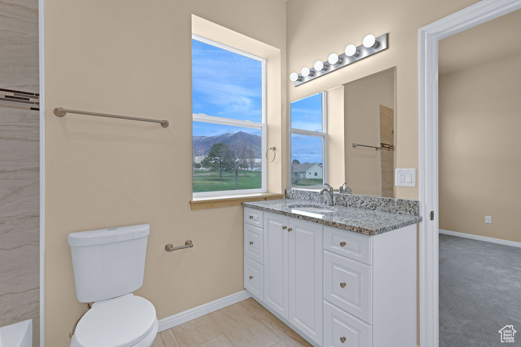 Bathroom with toilet, vanity, baseboards, and a mountain view