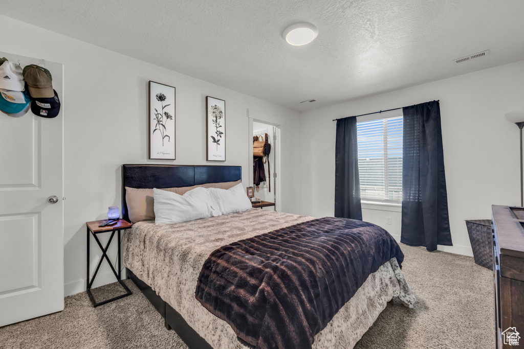 Bedroom with baseboards, a spacious closet, a textured ceiling, carpet floors, and visible vents