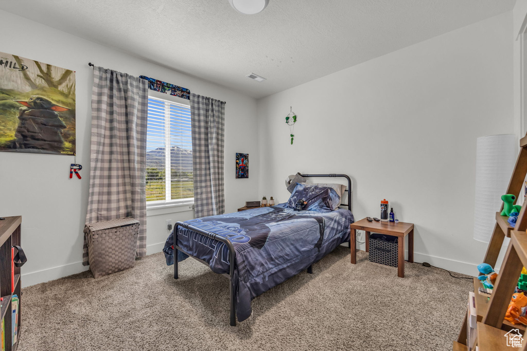 Bedroom featuring carpet floors, baseboards, visible vents, and a textured ceiling