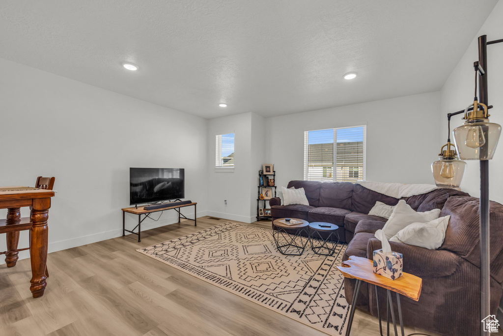 Living room with baseboards, recessed lighting, and wood finished floors