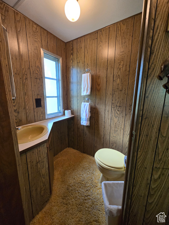 Half bath featuring toilet, wooden walls, and vanity