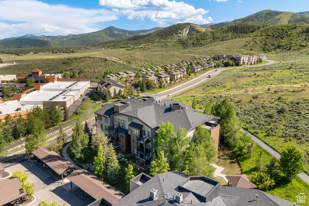 Aerial perspective of suburban area featuring a mountainous background