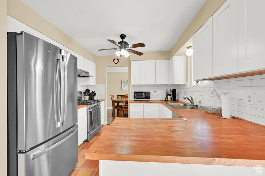 Kitchen featuring a ceiling fan, under cabinet range hood, a sink, stainless steel appliances, and wooden counters