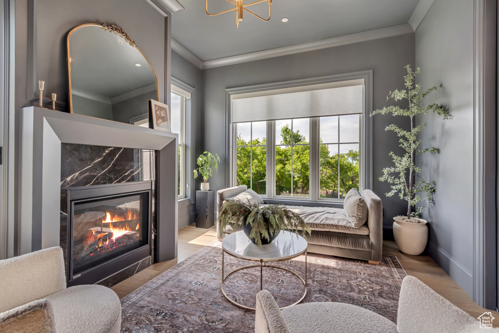 Living room featuring wood finished floors, ornamental molding, a high end fireplace, a chandelier, and baseboards