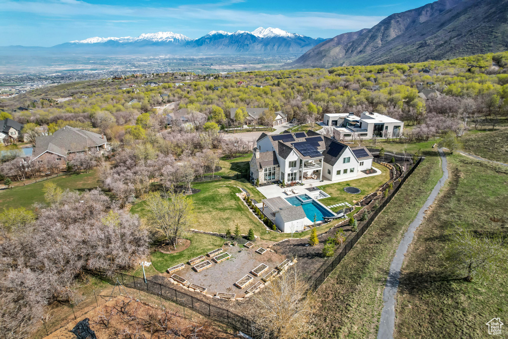 View from above of property featuring a mountain backdrop