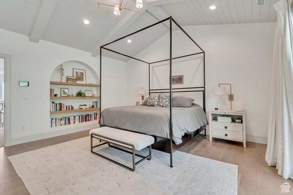 Bedroom with wood finished floors, wood ceiling, baseboards, and recessed lighting