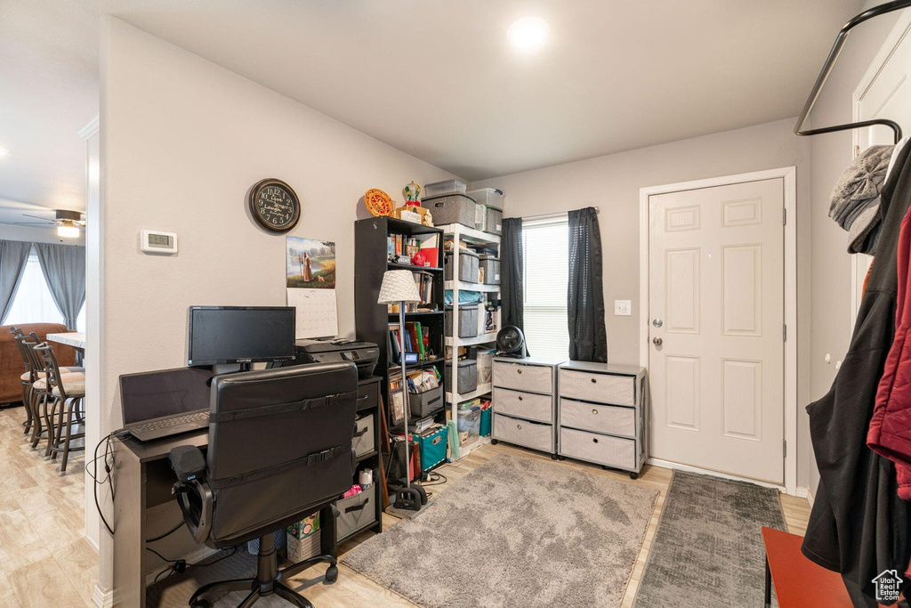 Office space featuring a ceiling fan and light wood-style floors