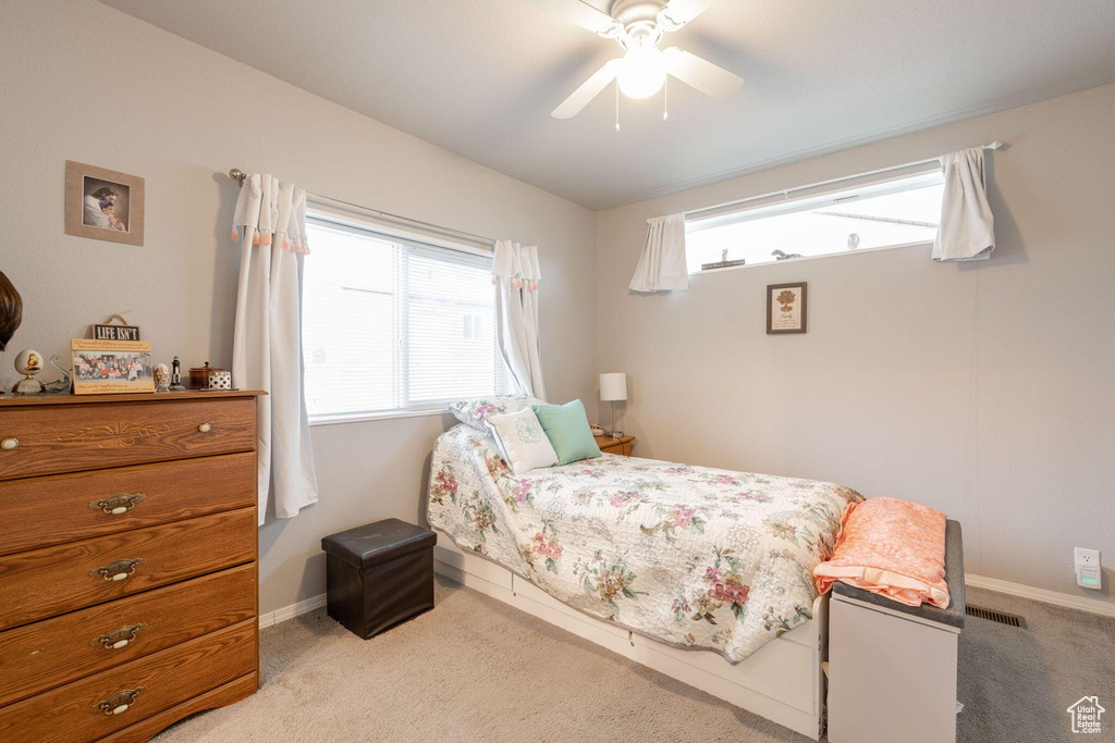 Bedroom with ceiling fan, baseboards, multiple windows, and carpet floors
