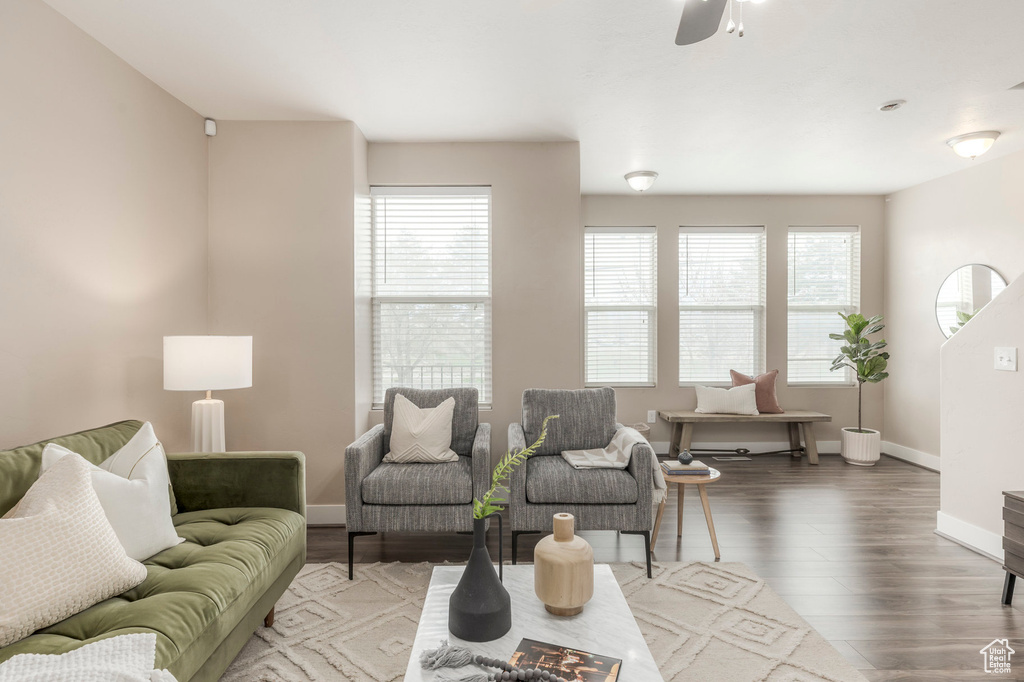 Living room featuring plenty of natural light, ceiling fan, baseboards, and wood finished floors