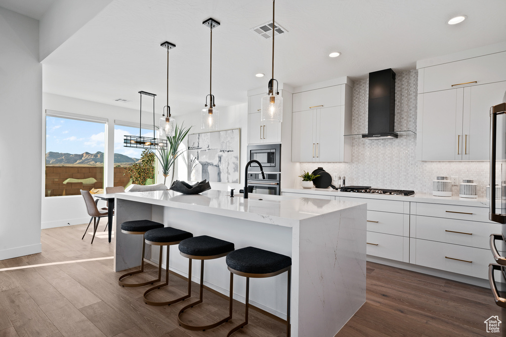 Kitchen featuring wall chimney exhaust hood, modern cabinets, appliances with stainless steel finishes, a kitchen island with sink, and recessed lighting