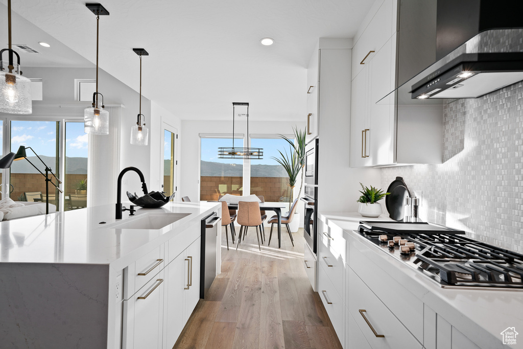 Kitchen with wall chimney range hood, a sink, stainless steel appliances, light wood finished floors, and plenty of natural light