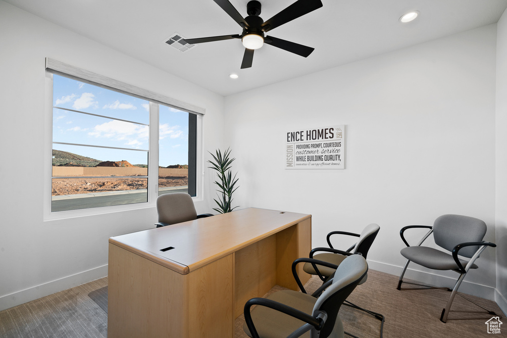 Office area featuring a ceiling fan, baseboards, and recessed lighting