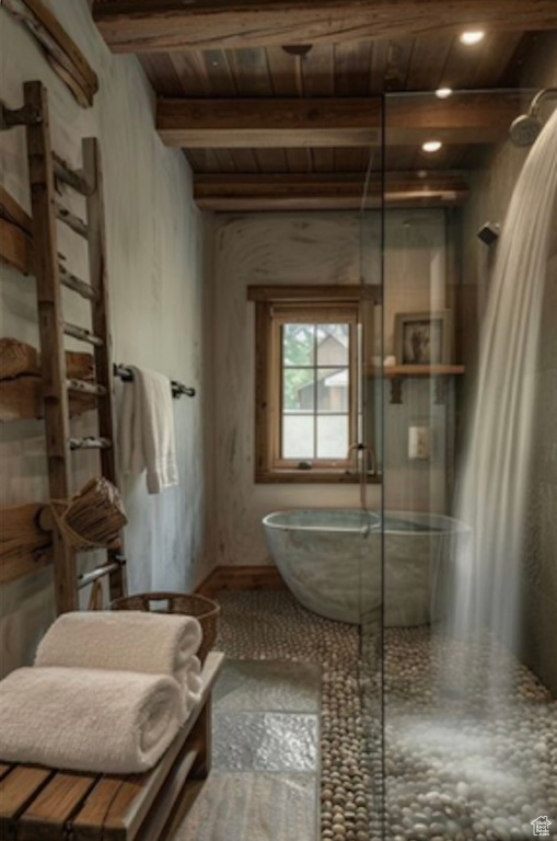 Bathroom featuring a soaking tub, beam ceiling, wood ceiling, and a stall shower