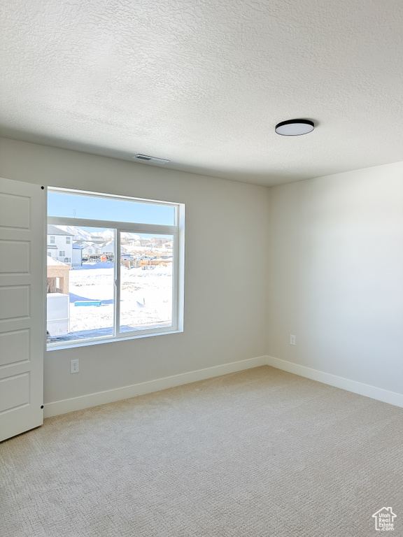 Empty room with a textured ceiling, light colored carpet, and baseboards
