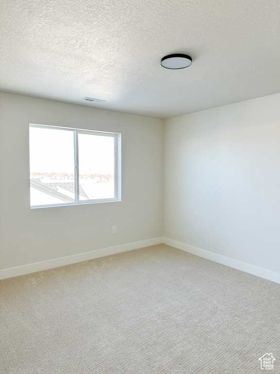 Empty room featuring a textured ceiling, light colored carpet, and baseboards