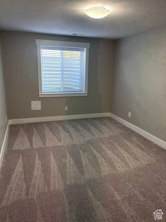 Carpeted spare room with a textured ceiling and baseboards
