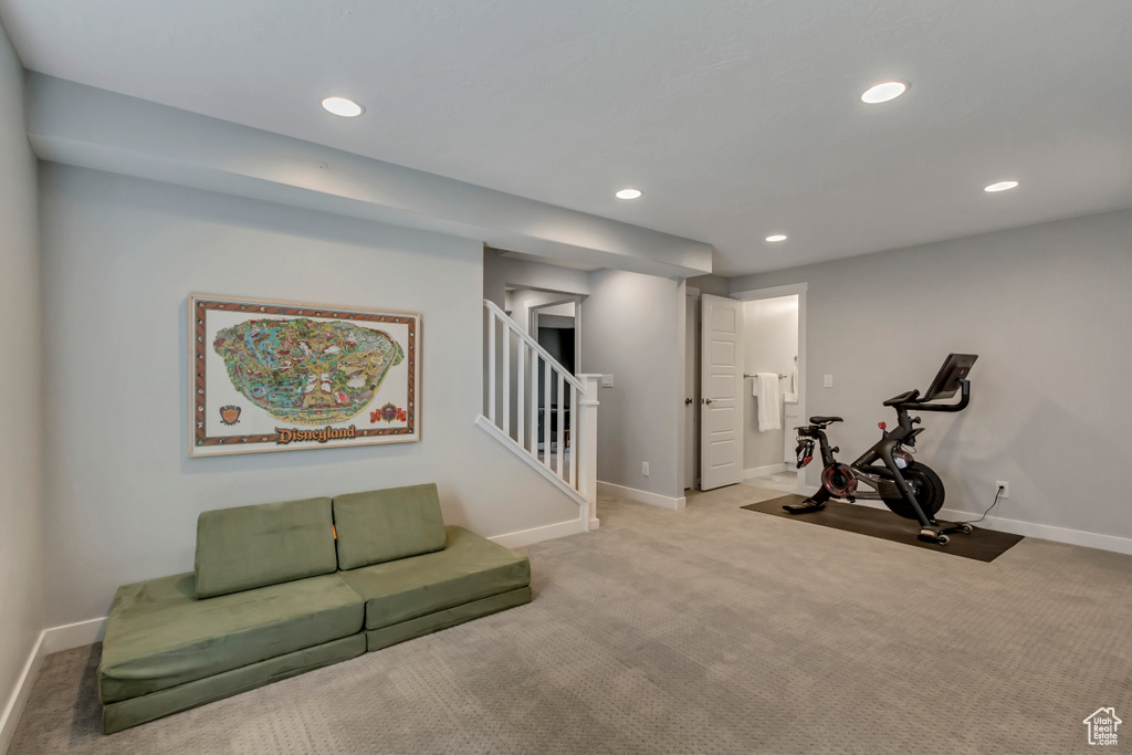 Workout area featuring recessed lighting, baseboards, and carpet floors